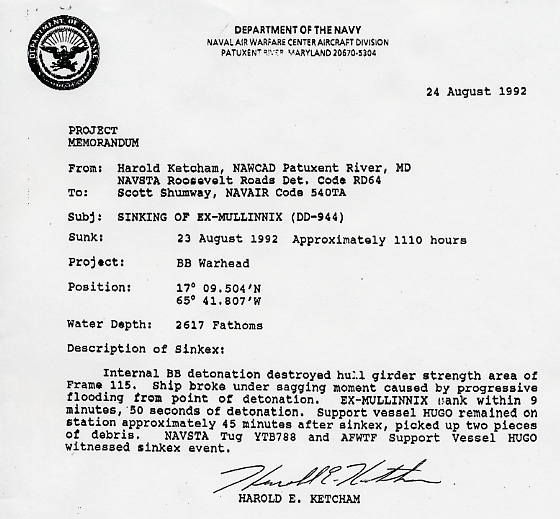 Mullinnix Sinking Location Letter 24 August 1992
